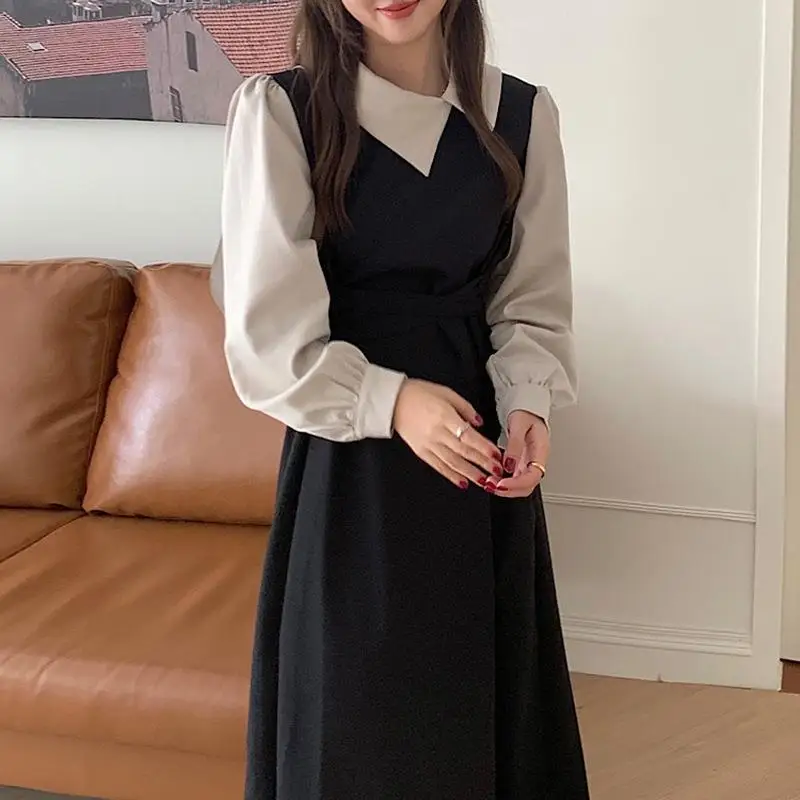 Fashion Designer Black Vintage Dress Women Lapel Long Sleeve Sashes Gathered Waist Spliced Slim Long Dress