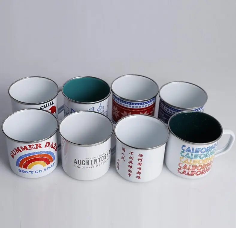 stainless steel Camping Tin Cup, enamel mug cup with stainless steel rim, wholesales Enamel Camping Tin Mug