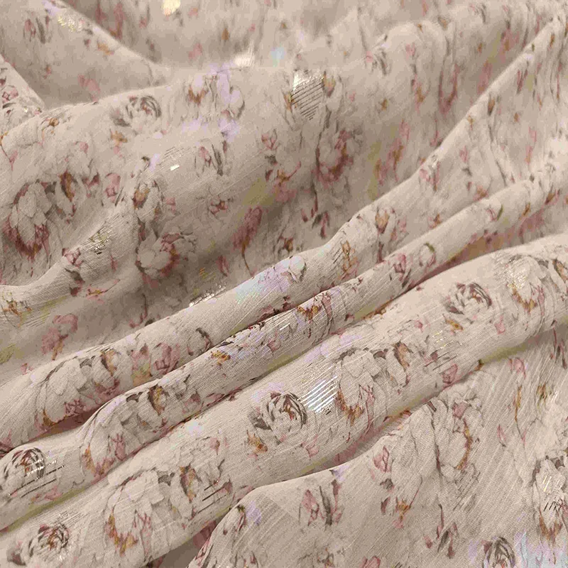 Light And Thin Imitation Silk Georgette Fabric Yellow Broken Flower Printed Crepe Chiffon Imitation Silk Dress Fabric