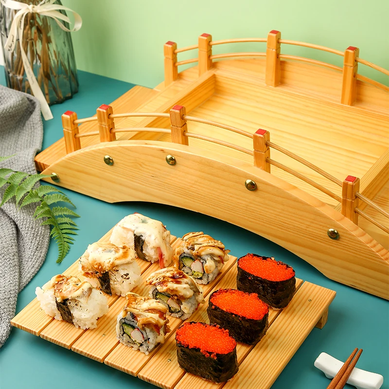 High Quality Japanese Bamboo Wooden Sushi Sashimi Serving Bridge Plate Holder Tray Fish Unbreakable