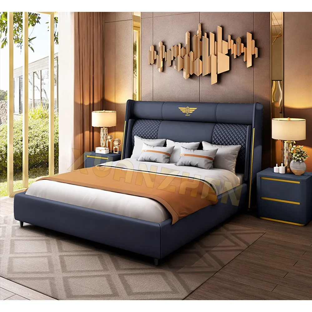 Bedroom furniture king size luxury bed set leather beautiful wooden bed frame hotel golden modern metal beds Y-X11