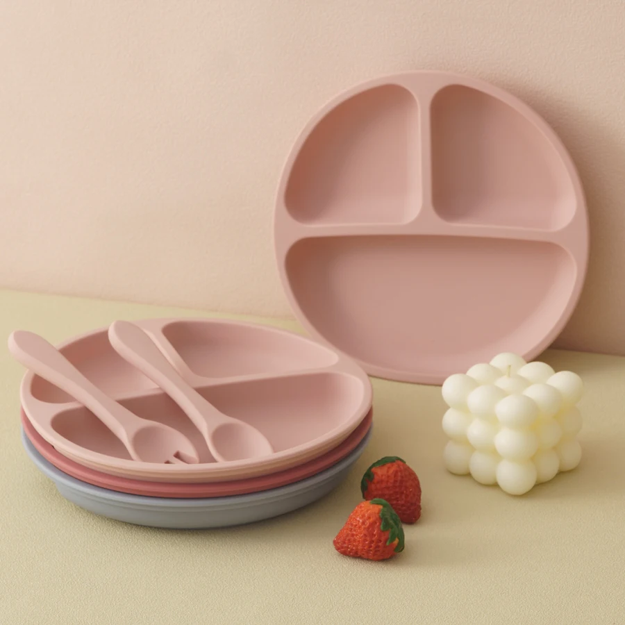 Горячая распродажа современная детская посуда мягкая продукт для кормления без Bpa силиконовый детский набор еды с вилкой 4 присоски
