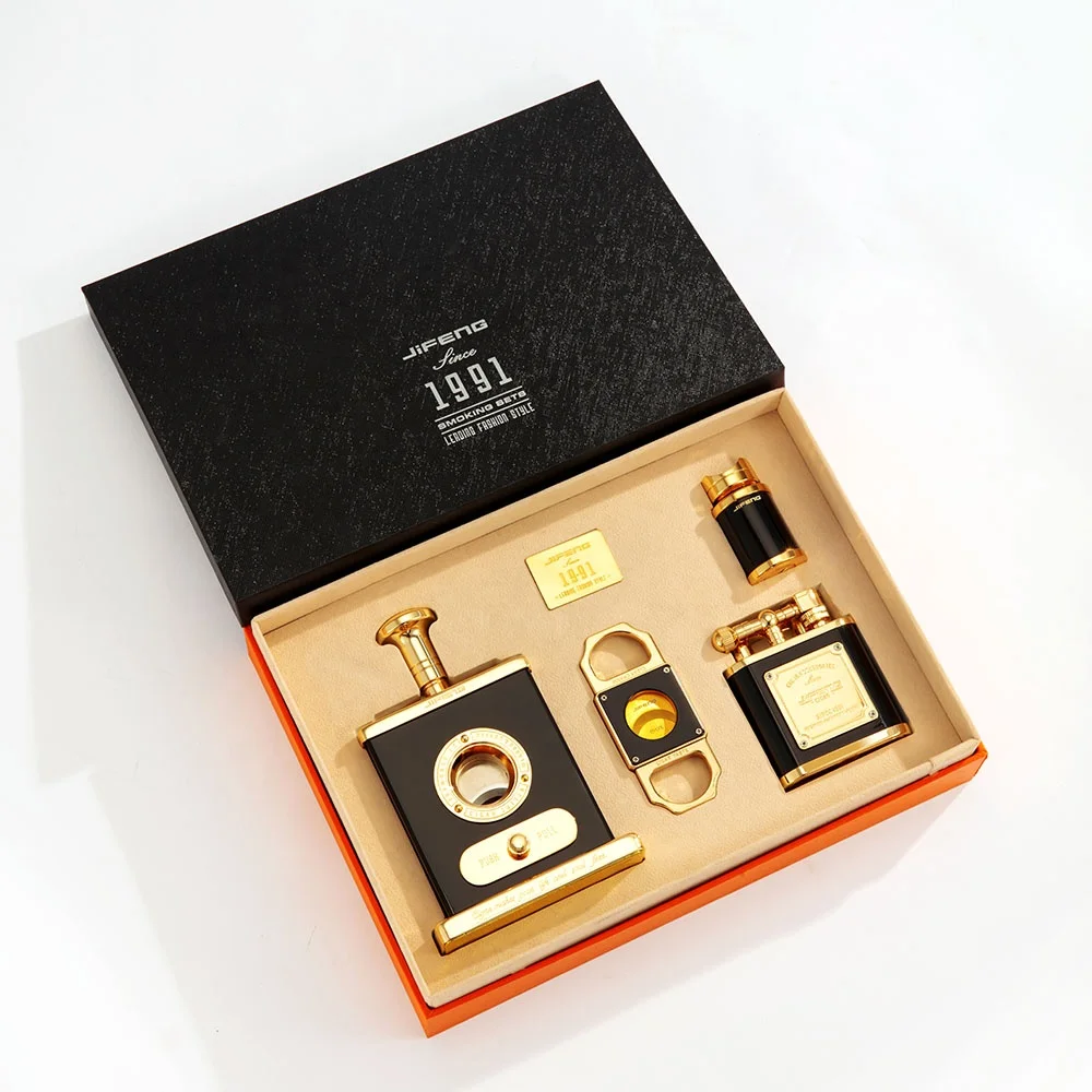 JIFENG JF-TZ263 New arrival popular color luxury business gift for cigar lover metal cigar cutter and lighter gift set accessory