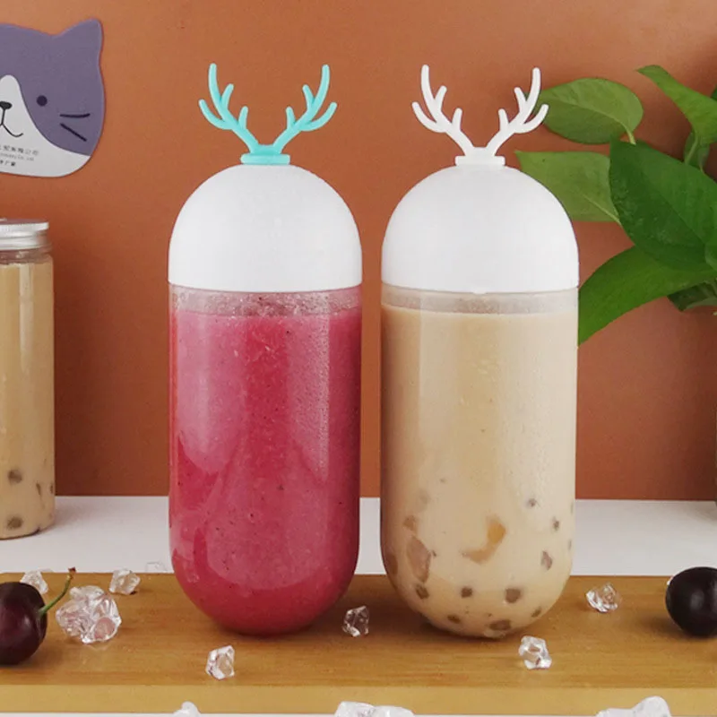Personality Creative Antler Shape Plastic Bottle Transparent Plastic Beverage Bottle 500ml Capsule Juice Bottle YGH735