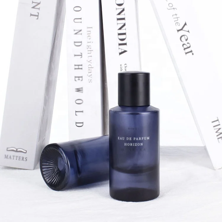 custom color 55ml fancy style dark blue men empty luxury glass perfume bottle with black cap