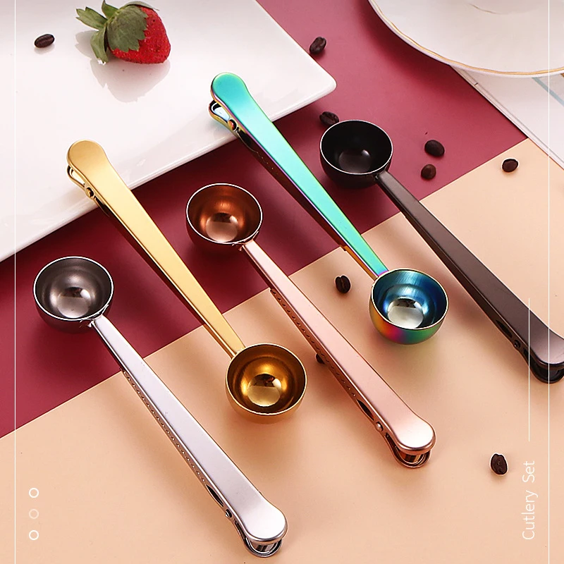 Two-in-one Stainless Steel Coffee Spoon Sealing Clip Kitchen Accessories Recipient Cafe Expresso Cucharilla Sealed Clips