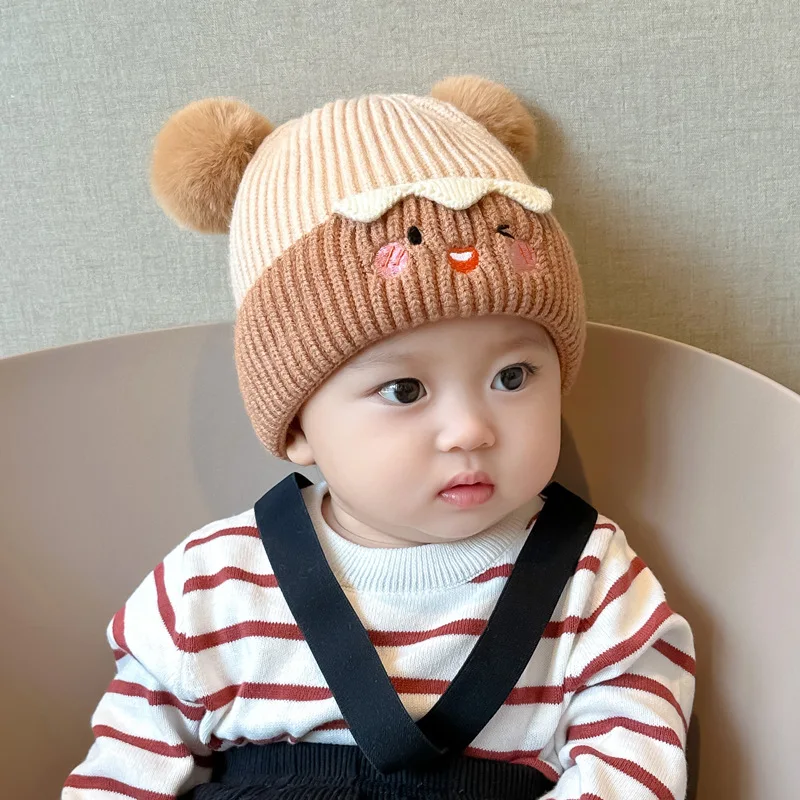 Fall Baby Hat Winter Cute Wool Ball Set Head Cap Infant And Young Children Knitted Wool Thickened Ear Protection  Ear