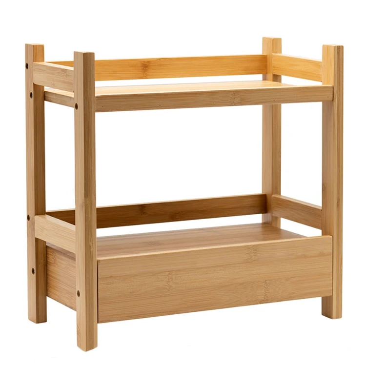 2-Tier Bamboo Wood Countertop Shelf with Drawer Makeup Organizer Desktop Display Stand for Kitchen Bathroom Vanity Counter