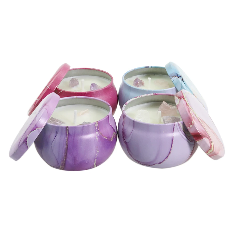 Custom Logo  4 oz Metal Tin Luxury Relaxation Scented Natural Soy Candle With Crystals Inside