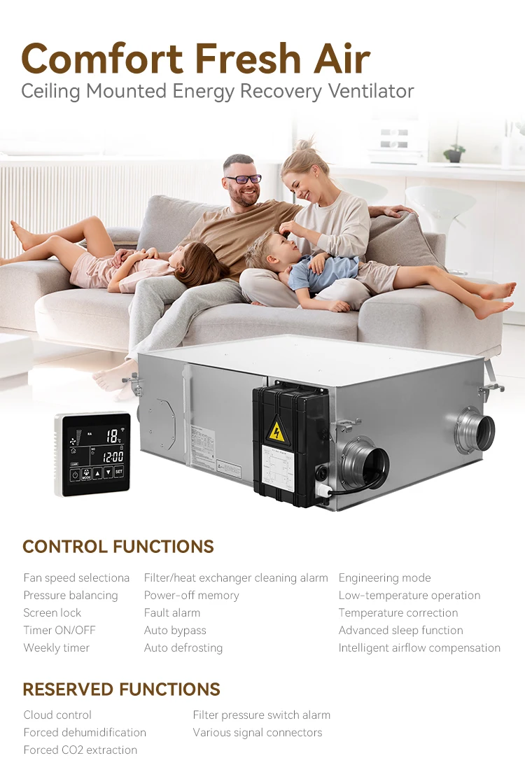 10 speeds  Intelligent Ceiling mounted erv hrv 58-850 W input power with 5th Generation Heat Exchanger