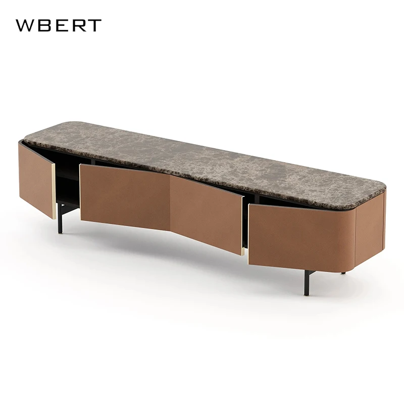WBERT Italian Minimalist Smoked Solid Wood TV Stand Modern Luxury Marble Surface  for Living Room Low Cabinet