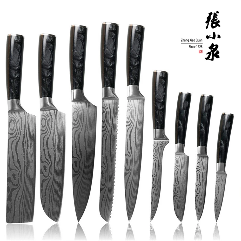 Wholesale price Japanese Stainless Steel  kitchen knives Laser Pattern knife set 8pcs Damascus Steel Knife set