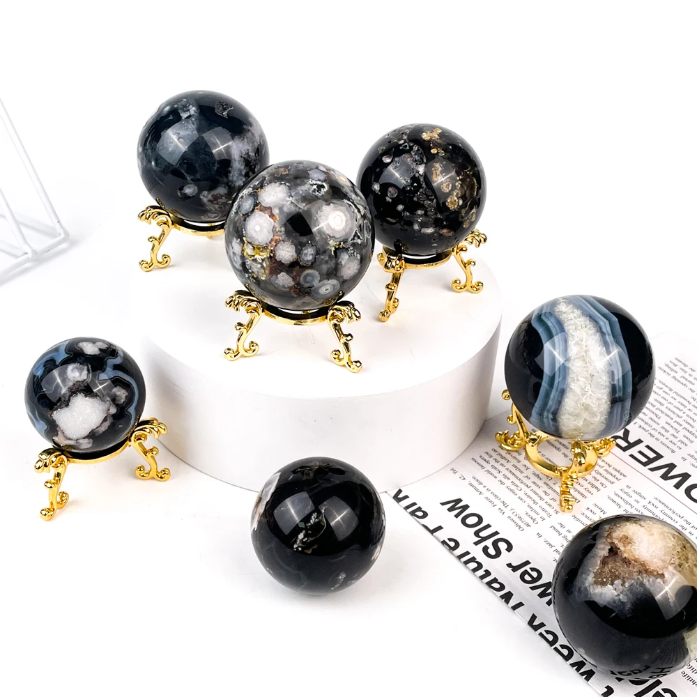 Hot Selling Recommend Nice Quality Natural Polished Large Shiny Sphere Crystal Black Cherry Blossom Agate Sphere for Meditation
