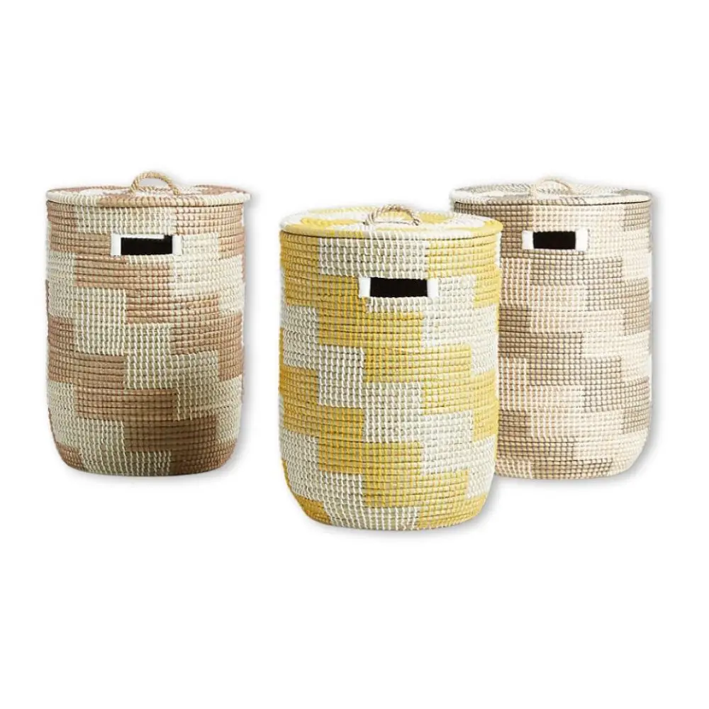 Seagrass With Plastic String Hand Woven Storage Basket, Laundry Basket With Lid Merchant Hamper Cheap Price Wholesale