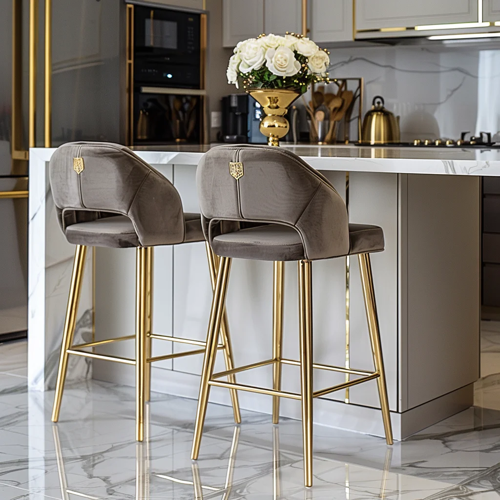 Factory Modern Luxury Tufted Nailed Velvet Swivel Metal High Chair Bar Stool Chair For Bar Table With Back Rest
