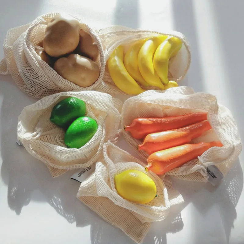 100% Organic Cotton Mesh Net Cloth Food String Custom Logo Washable Storage Drawstring Shopping Bags for Fruits and Produce