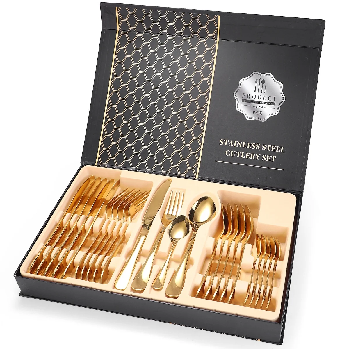 
24 Piece gold cutlery set stainless steel Flatware Spoon and Forks Knives Black Stainless Steel Gold Cutlery 24pcs Set 