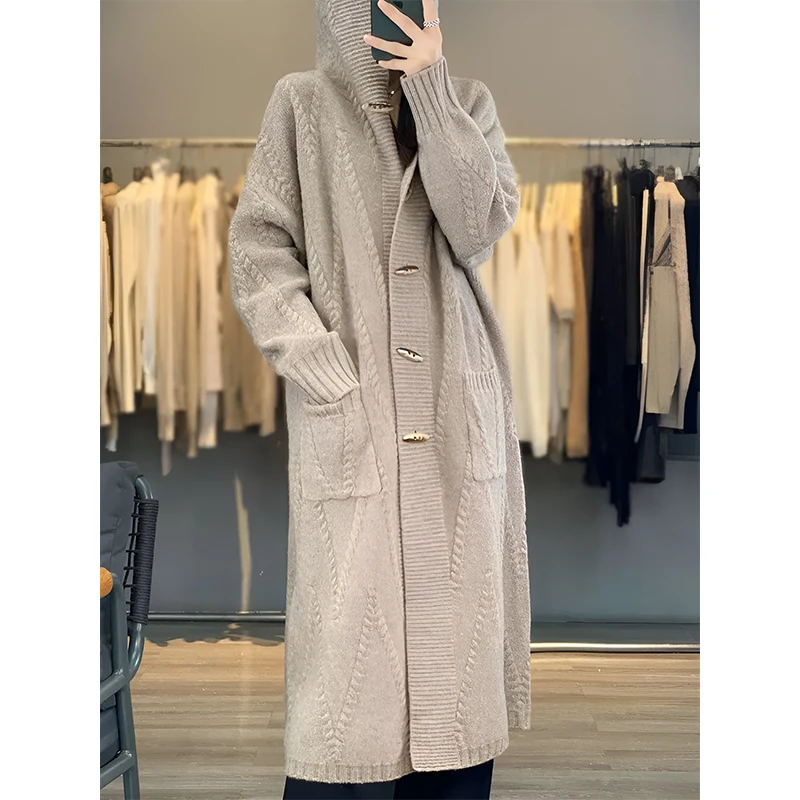 Guoou Inner Mongolia Wool  Mid Long 100% Cashmere Sweater Cable Cardigan Hooded Cardigan Women