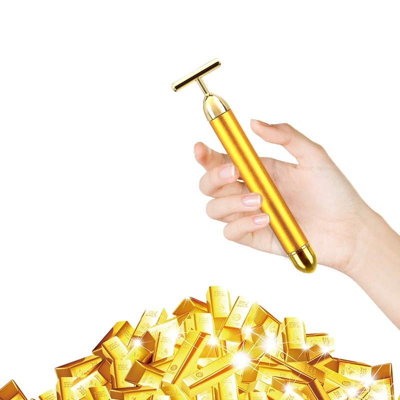 OEM Energy Beauty Bar 24K Gold Vibrating Pulse Facial Massager Electric Golden Firming Skin Care V Face T Shape Vibrator