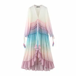 Women ruffles sweet vestidos rainbow print summer bohemian dress holiday long beach dress bohemian beach maxi dresses