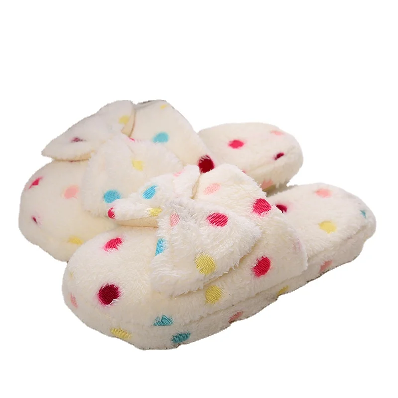 Women House Slipper 2021 Style Shoes Bathroom Footwear Bowknot Polka Dot Shoe Winter Non-slip Coral Fleece Slippers