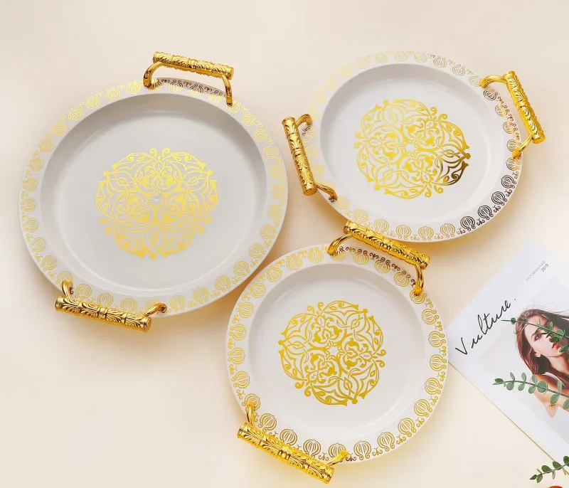 Hotel wedding golden plated plastics fruit trays decoration luxury modern home decor serving gold brass tray