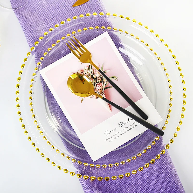 Factory Free Sample Wedding Party Banquet Tableware Dinner Under Plate Decorative Clear Charge Plate Glass Gold Beaded Plate