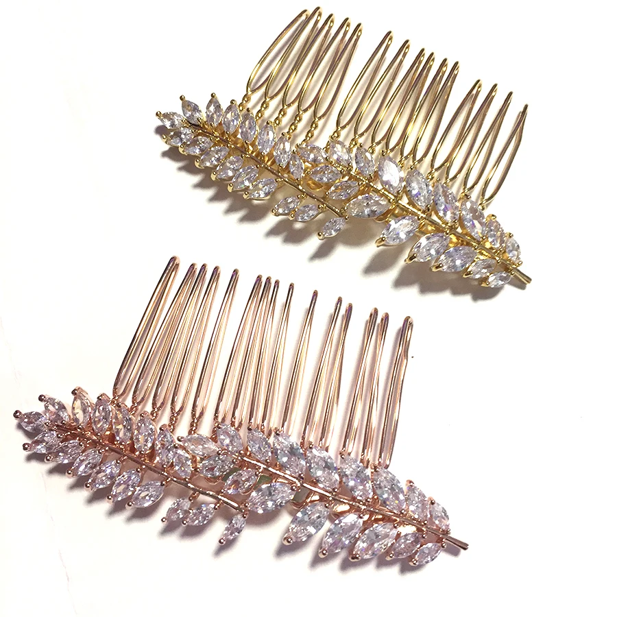 luxury zircon bridal hair accessories CZ stone wedding hair comb rose gold silver