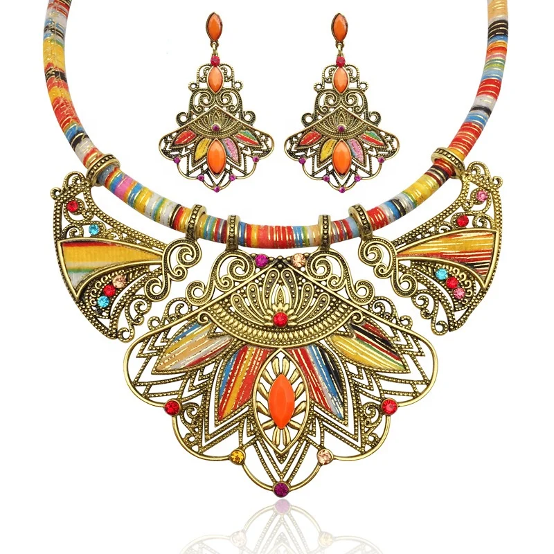 Europe Hot Selling Women Jewelry Set Bohemia Ethnic Seed Bead Rhinestone Handmade Necklace And Earrings Jewelry Set