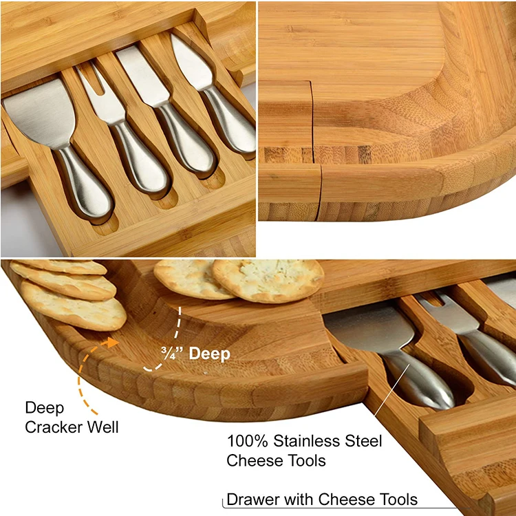 Natural bamboo cheese cutting board and knife set storage organizer drawer Cheese board kitchenware
