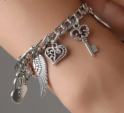 Cute girls bracelet chain charms with heart key wing pendant bracelet