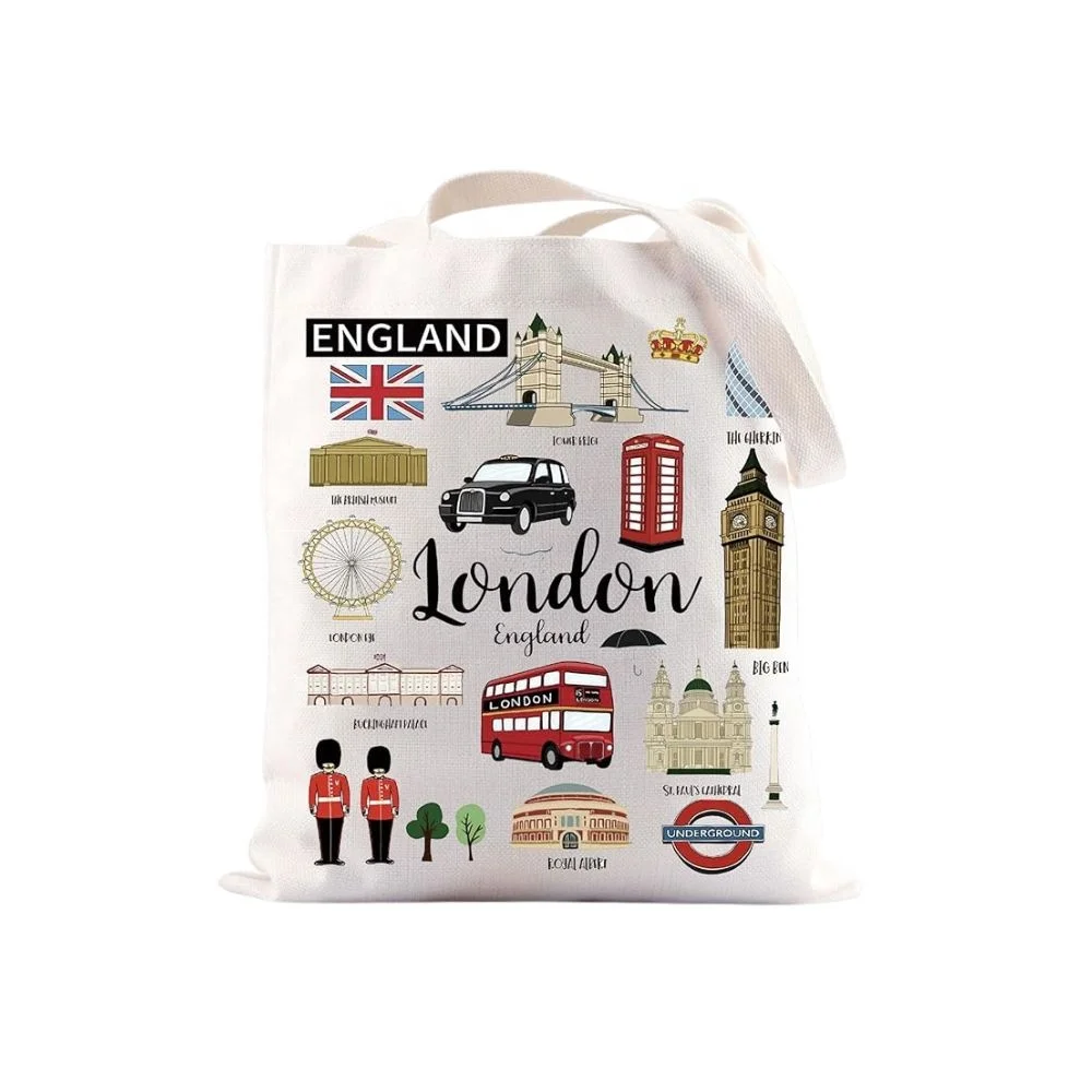 London Canvas Tote Shoulder Bag  Full Colour Printed Souvenirs & Gifts for Shopping & Travel London Inspired Design