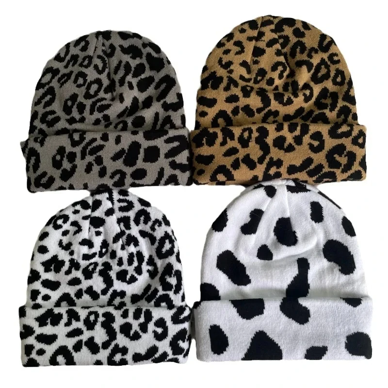 Cute Leopard Beanie Cap Couple Knit Cap Acrylic Cow Print Hat Lovely Winter Men Women Thick Winter Warm Cow Print Bonnet Hat