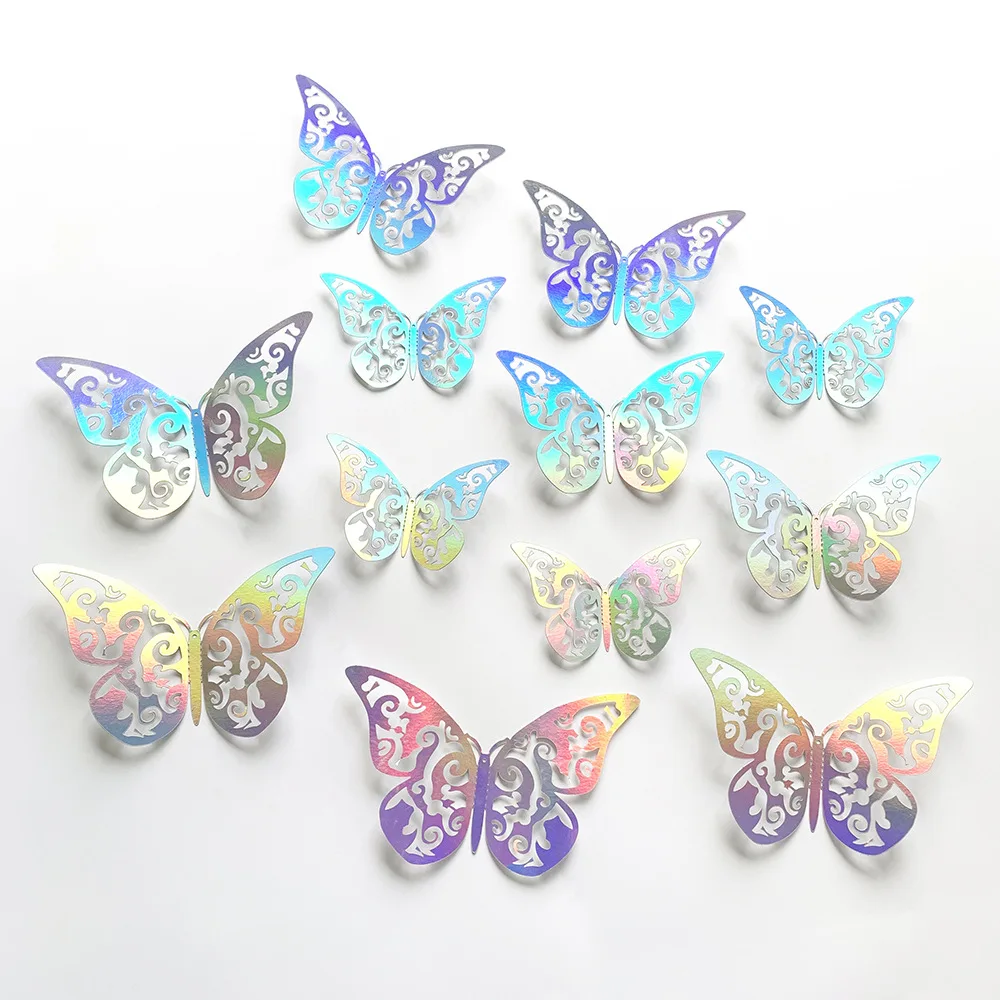 12pcs 3D three-dimensional colorful silver butterfly stickers wedding festival party balloon decoration wall stickers