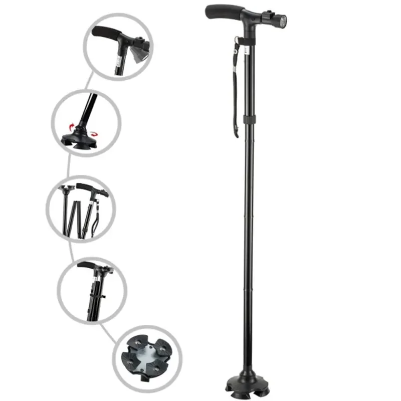 adjustable Foldable Elderly Walking Stick With Side Handle Folding Walking Cane With Led Light