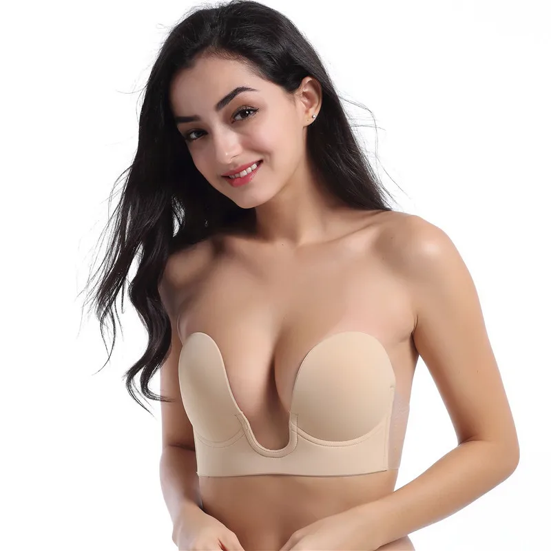 Hot Women Seamless Silicone Push Up One Piece U Shape Bralette Backless Wire Free Strapless Invisible Bra