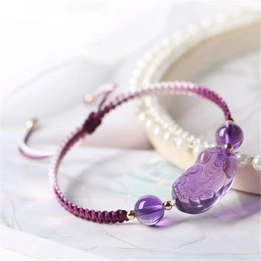 Natural Quartz Pixiu Bracelet Woman Natural Stone Amethyst Rose Quartz Adjustable Bangle Jewelry Hand-Carved Amulet