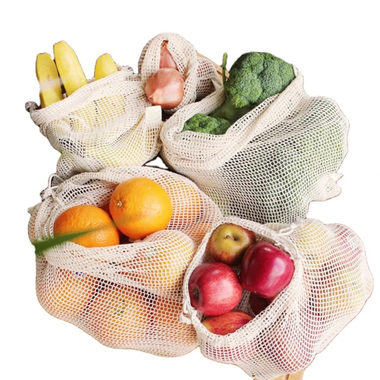 100% Organic Cotton Mesh Net Cloth Food String Custom Logo Washable Storage Drawstring Shopping Bags for Fruits and Produce