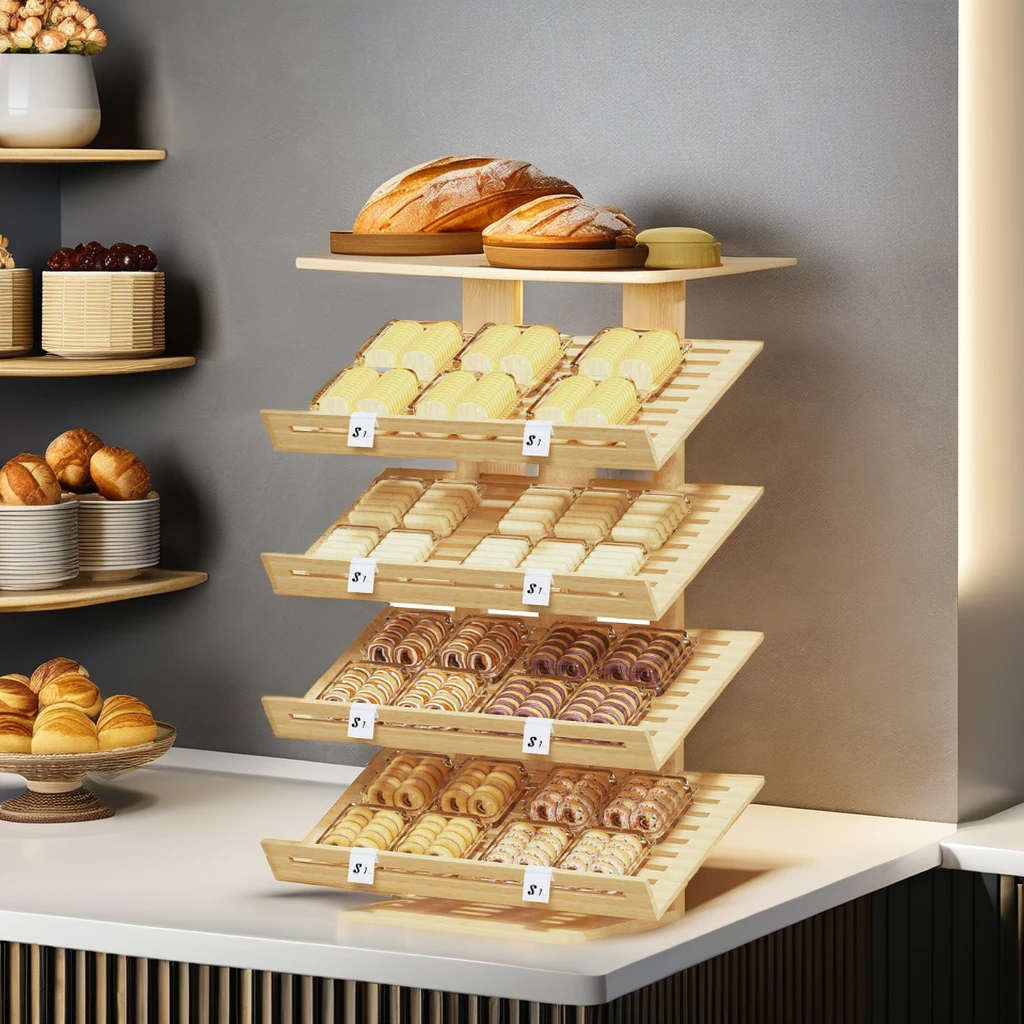 Retail Store 4-Tier Bamboo Bread Shelving Display Rack Market Use Wood Stand for Storage Market Bread Wood Stand