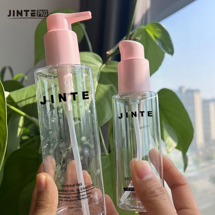Hot Sale 8oz 250ml Clear Plastic Cosmetic Packaging Bottles With Pink Pump For Body Lotion Gel Cream Skin Care Serum