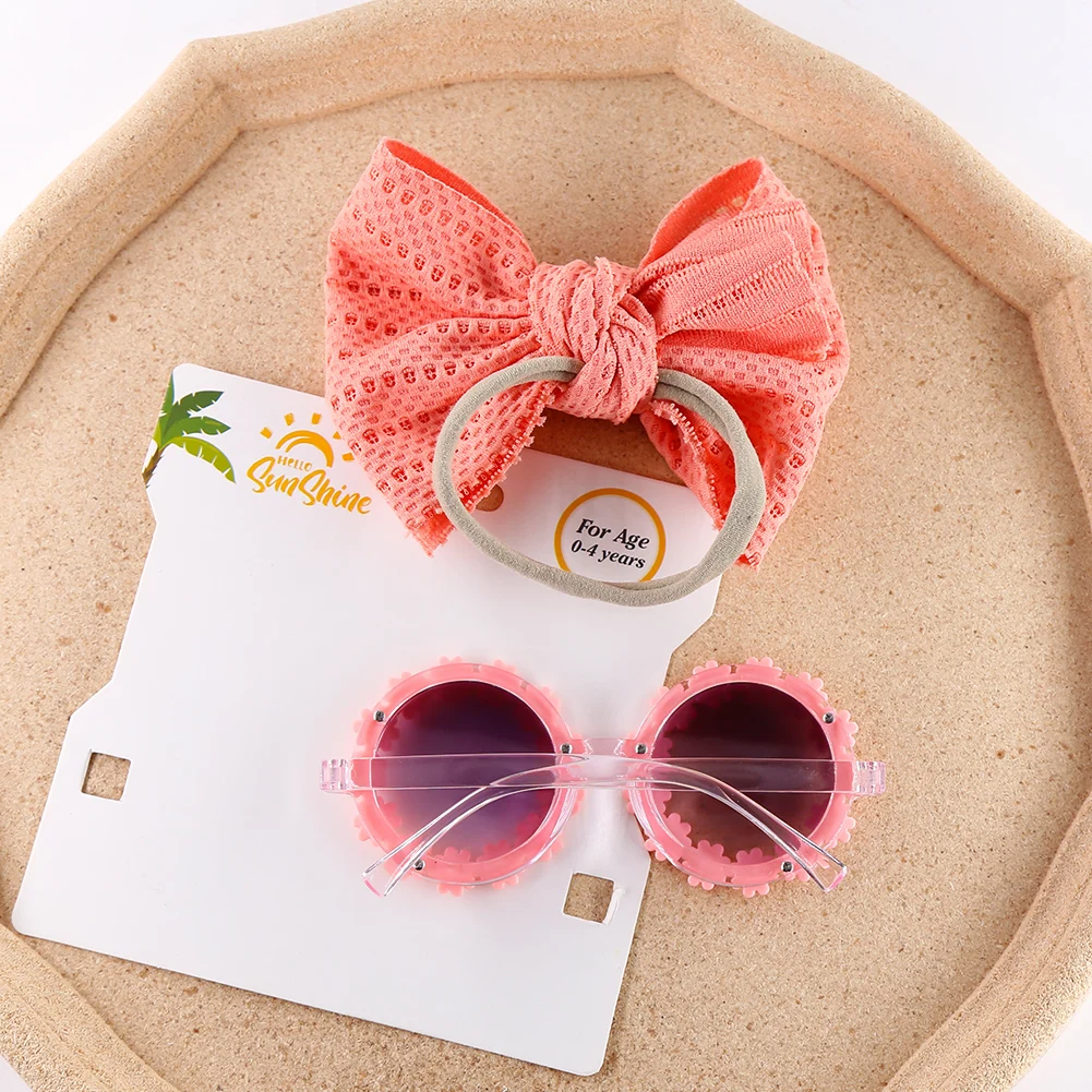 MU 2Pcs/Set Daisy Flower Sunglasses With Elastic Nylon Baby Headband Bohemia Beach Seaside Sun Glasses Kids Puff Bow Headwear