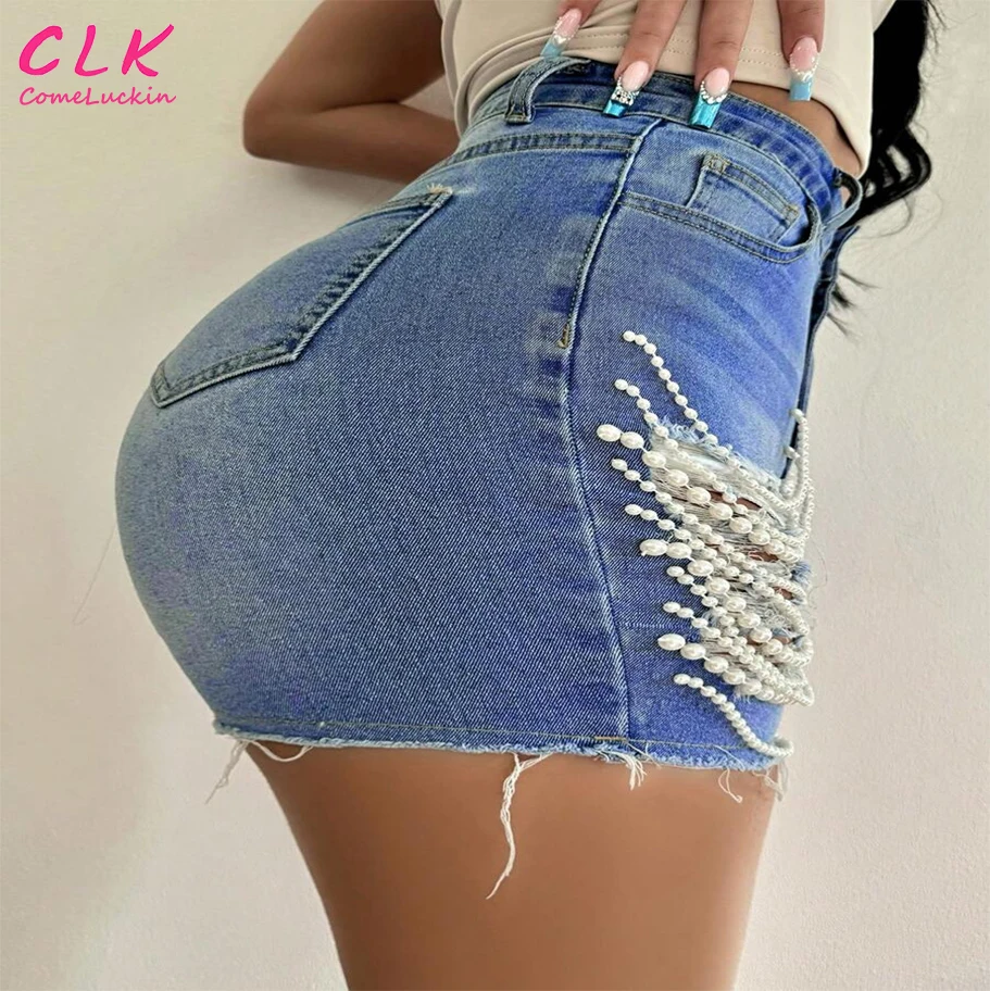 Wholesale Custom Fashion New Hole Breaking Casual Ladies Sexy Pant High Waist Women Handmade Beaded Chain Shorts Pants