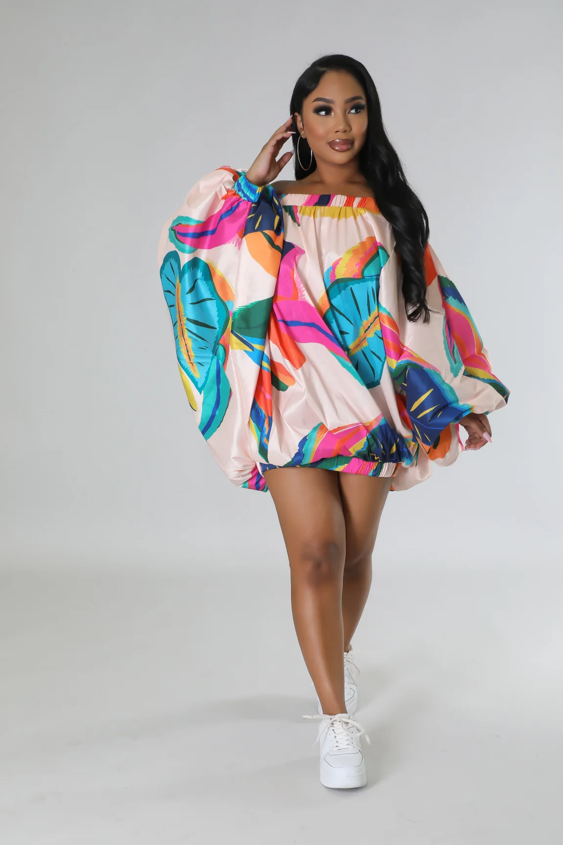 Fashion One Word shoulder Print Pattern Summer Dress Women Lantern Sleeve Loose Beach Dress Casual Elegant Dress