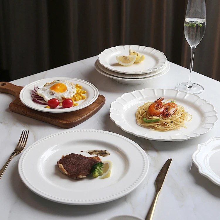 French Ceramic Embossed Tableware Plates Combination Tableware Household Full Set Creative Western Pasta Plate Soup Bowl