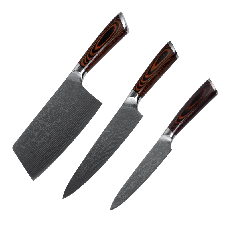 Damascus Steel Pattern 3pcs S/s 3CR13 Stainless Steel Kitchen Knives Set With Wood Handle
