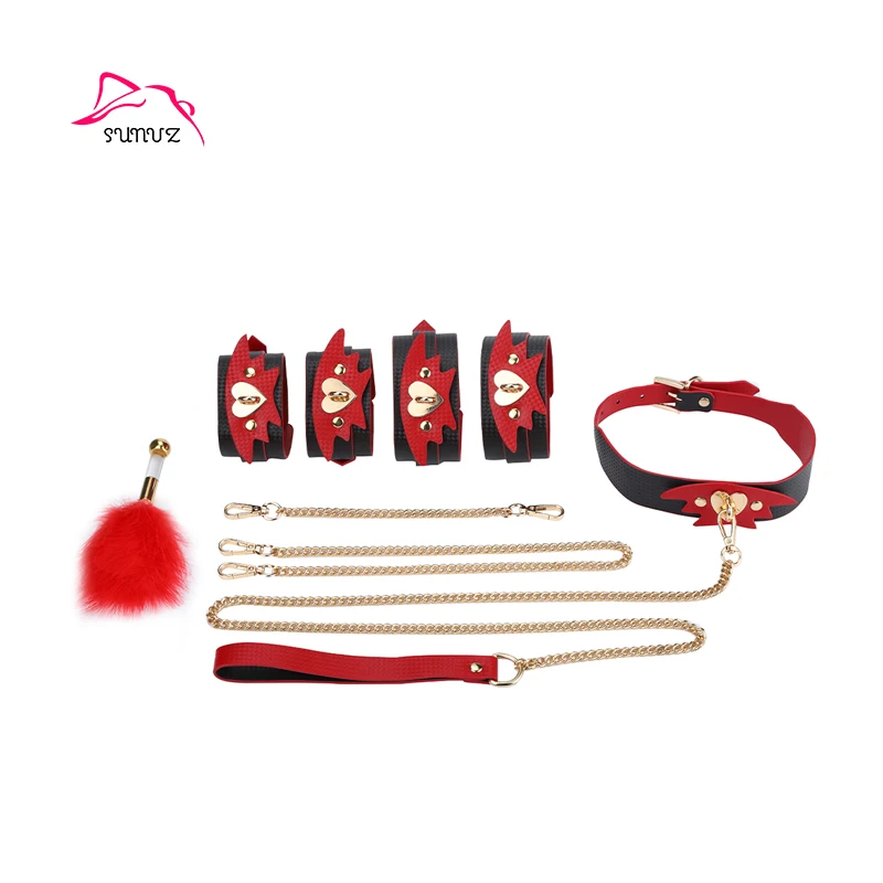 2020 Hot Red Leather Legs and Hands Cuffs Sex Toys Metal Bondage Restarints for boy