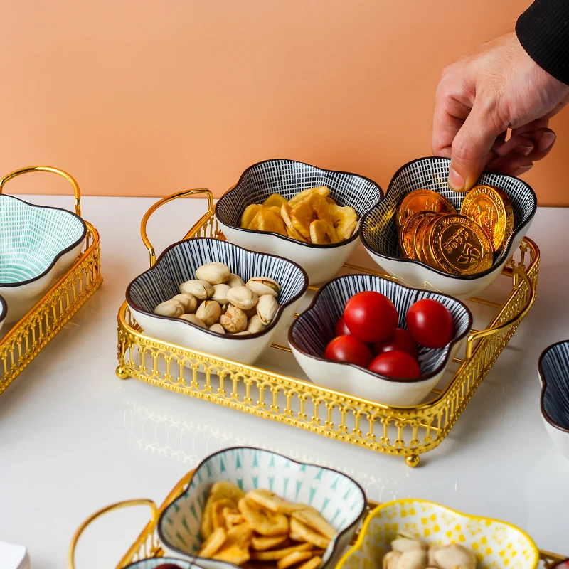 Food Storage 3Pcs Ceramic Bowls Serving Snack Tray Dish Plate Dessert Set With New Metal Handles Design