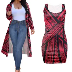 2022 Fashion Trendy Tribal Polynesian Set 2 Piece Outfits Long Sleeve Kimono Long And Sleeveless O-neck Short Dress Floral Print