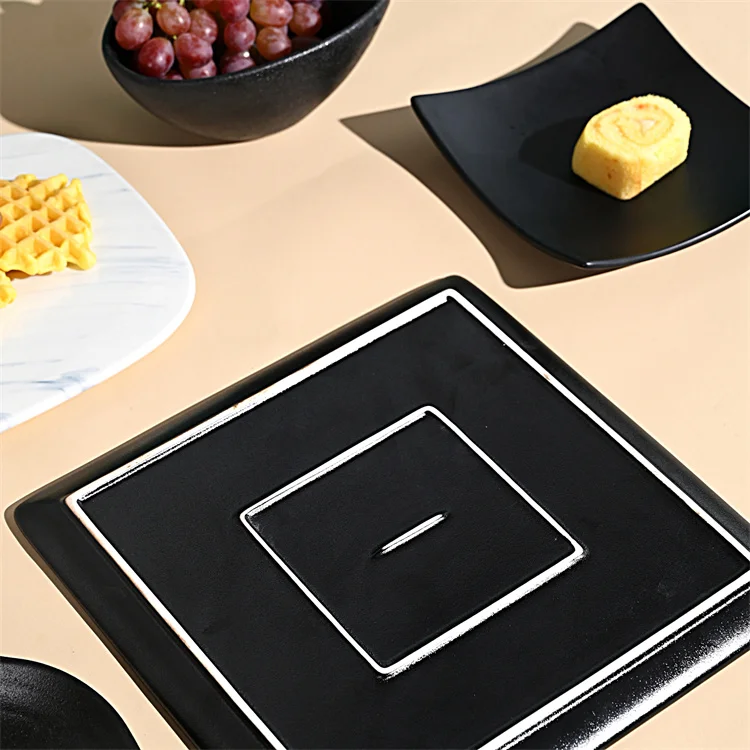 10 inch 11 inch 12 inch big black porcelain square plate Shrinkage dot black glaze serving flat dish