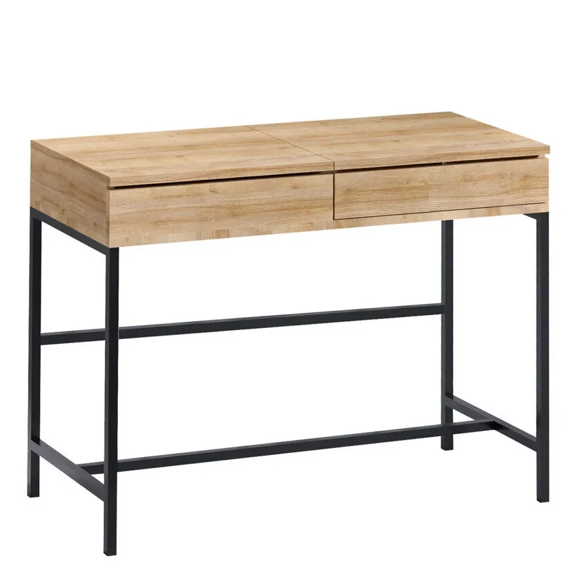 Simple Black Oak Log Dresser Large Size 100x45x75cm - Dressing Table with Storage Space Foldable Mirror for Bedroom